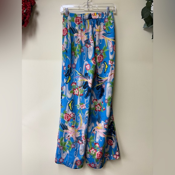 ZARA Wide Leg Floral Blue Red Silky Pants XS - Picture 7 of 10